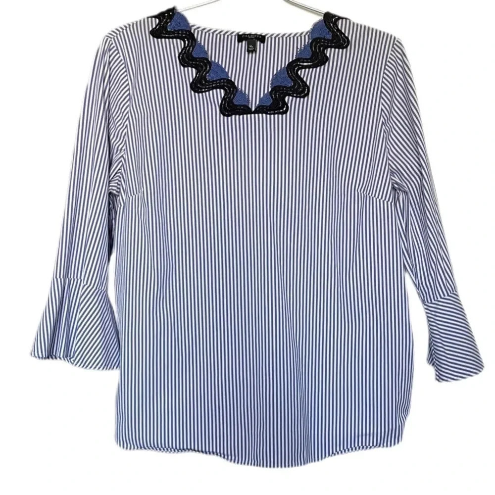 Talbots Petite Blue White Striped Rickrack-Trim Blouse Women’s Medium Petite
